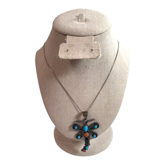Turquoise Coral Emma Lincoln Sterling Silver Navajo Dragonfly Pendant Necklace - Picture 2 of 9